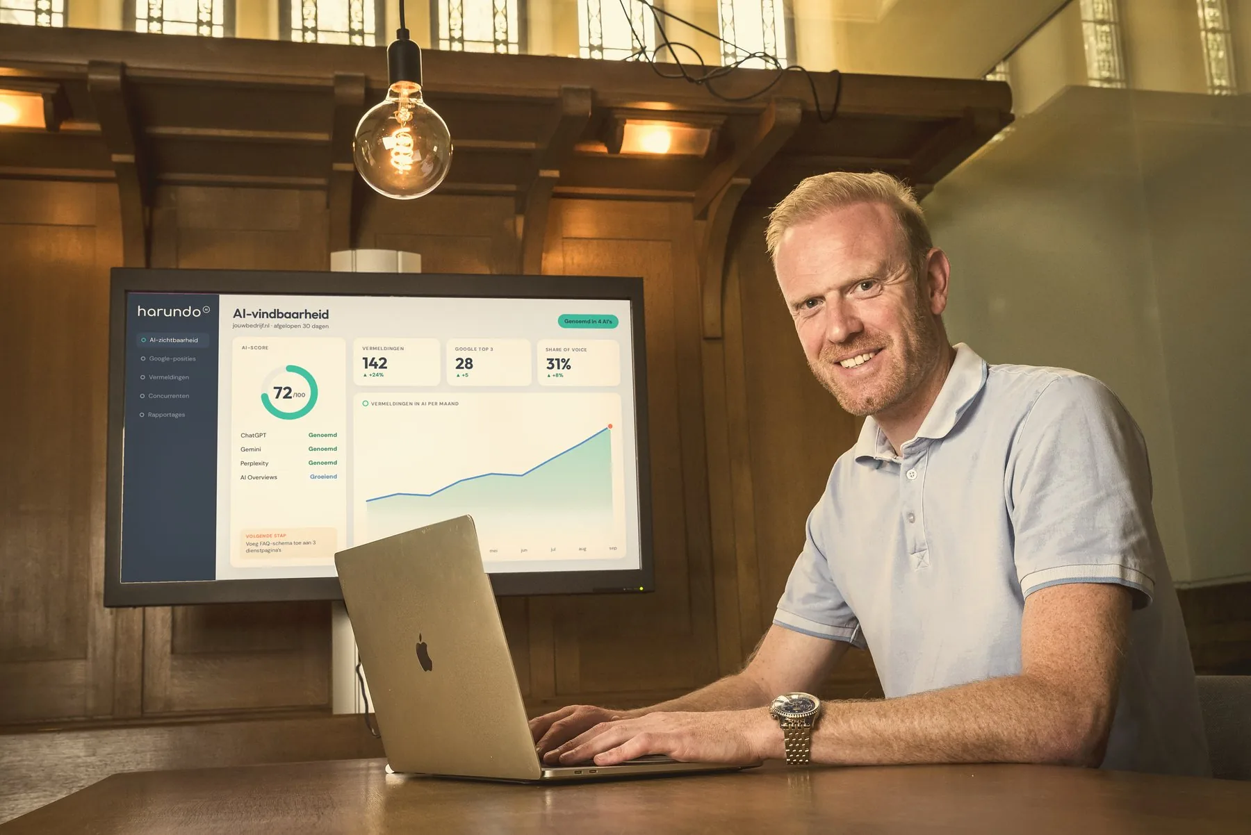 Ton Heerze van Harundo aan tafel met laptop, op het scherm een Harundo-dashboard voor AI-vindbaarheid